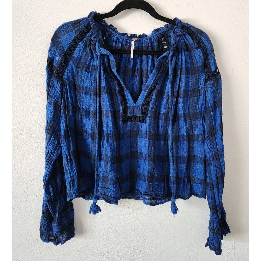 Free People Honey Grove Plaid Top Gauze Bell Sleeve Pleated Blouse in Black Blue - Picture 3 of 10
